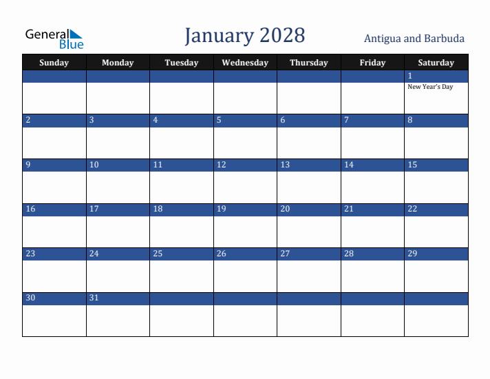 January 2028 Antigua and Barbuda Calendar (Sunday Start)
