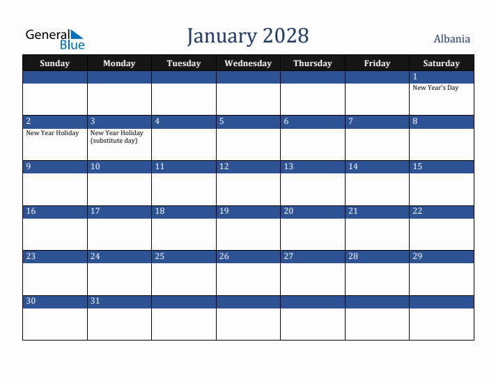 January 2028 Albania Calendar (Sunday Start)