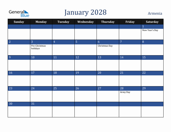 January 2028 Armenia Calendar (Sunday Start)
