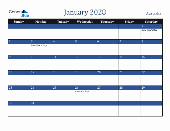 January 2028 Australia Calendar (Sunday Start)