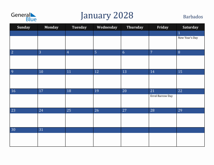 January 2028 Barbados Calendar (Sunday Start)