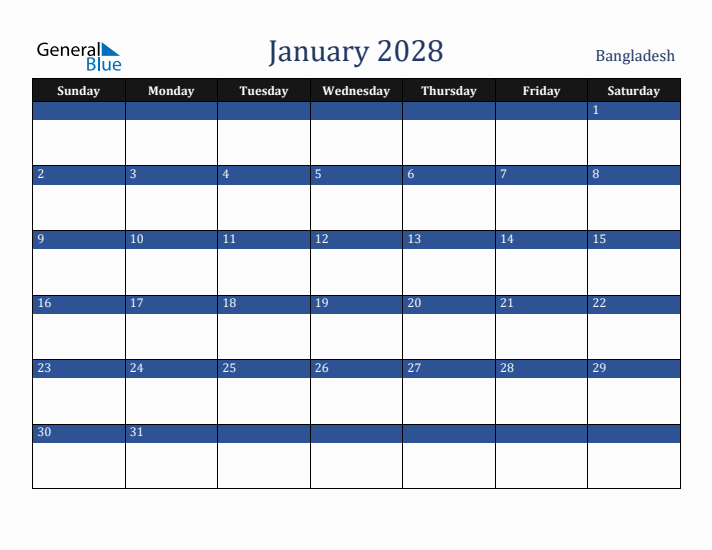 January 2028 Bangladesh Calendar (Sunday Start)
