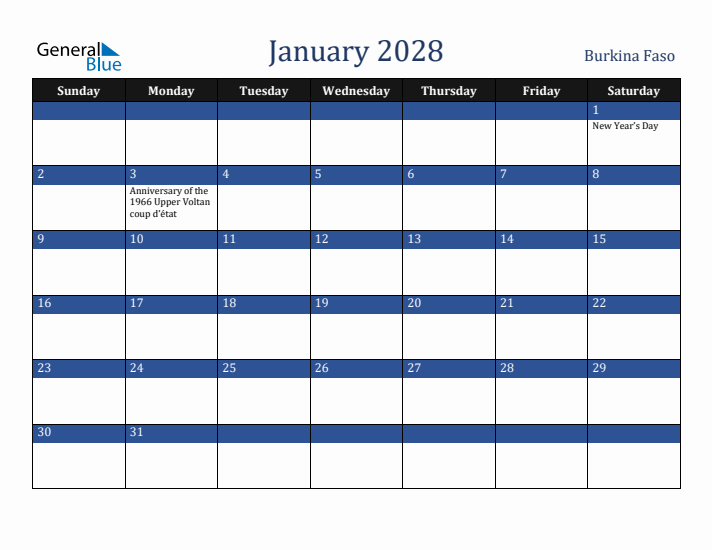 January 2028 Burkina Faso Calendar (Sunday Start)