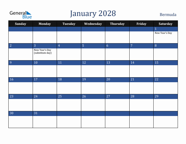 January 2028 Bermuda Calendar (Sunday Start)