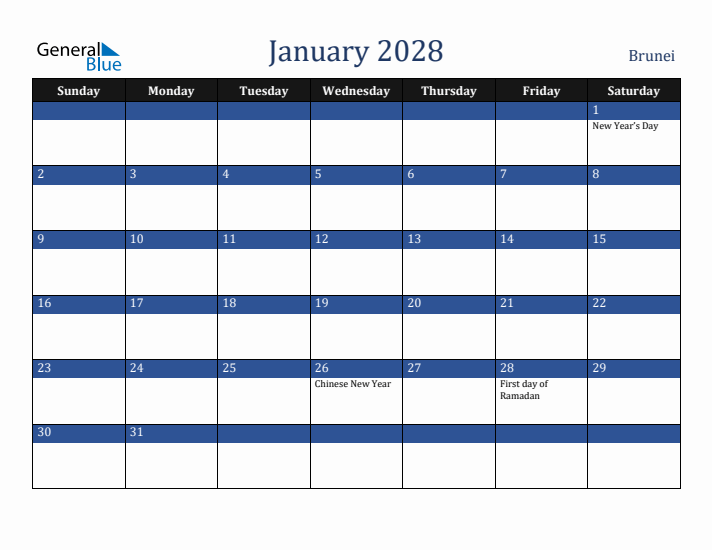 January 2028 Brunei Calendar (Sunday Start)