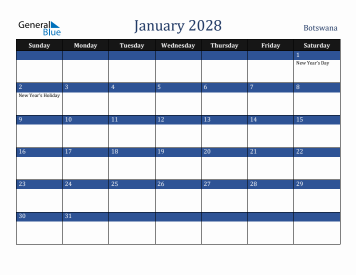 January 2028 Botswana Calendar (Sunday Start)