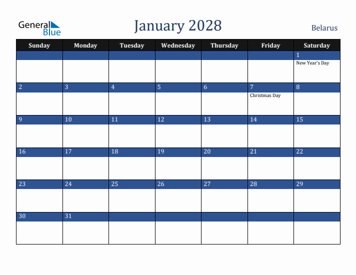 January 2028 Belarus Calendar (Sunday Start)