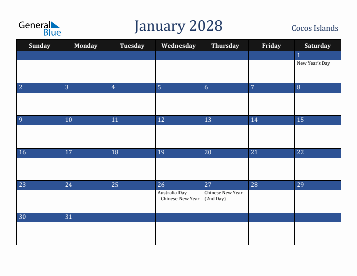 January 2028 Cocos Islands Calendar (Sunday Start)