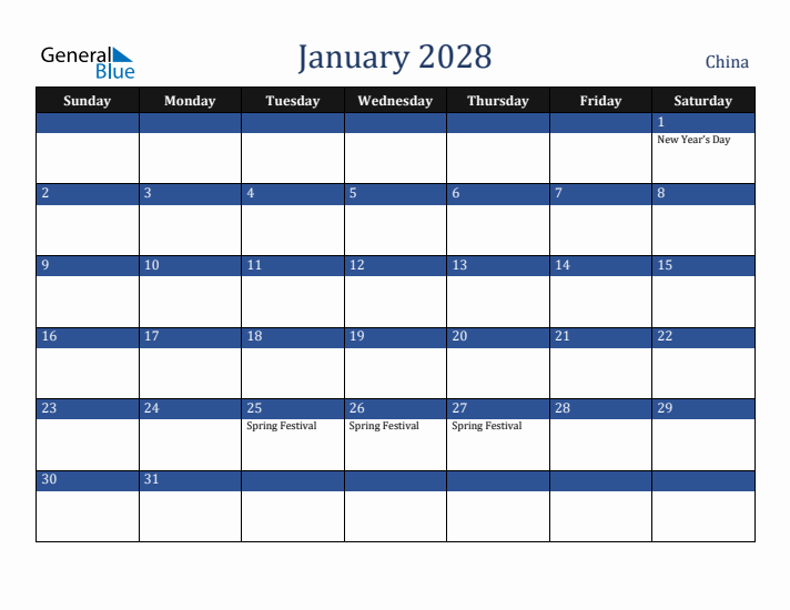 January 2028 China Calendar (Sunday Start)