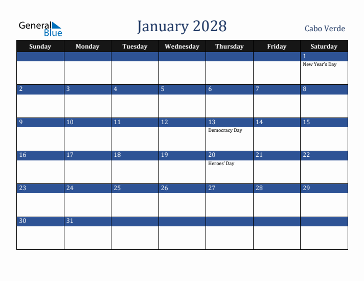 January 2028 Cabo Verde Calendar (Sunday Start)