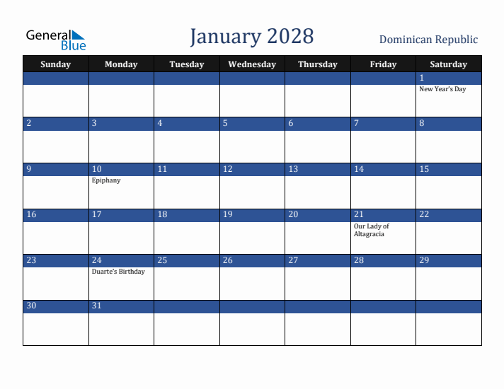 January 2028 Dominican Republic Calendar (Sunday Start)