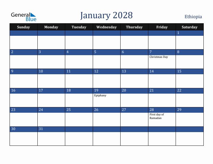 January 2028 Ethiopia Calendar (Sunday Start)