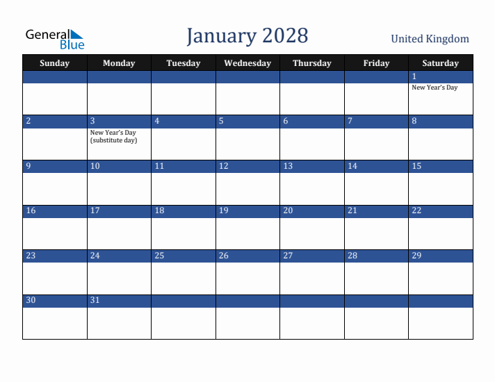 January 2028 United Kingdom Calendar (Sunday Start)