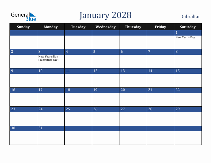 January 2028 Gibraltar Calendar (Sunday Start)