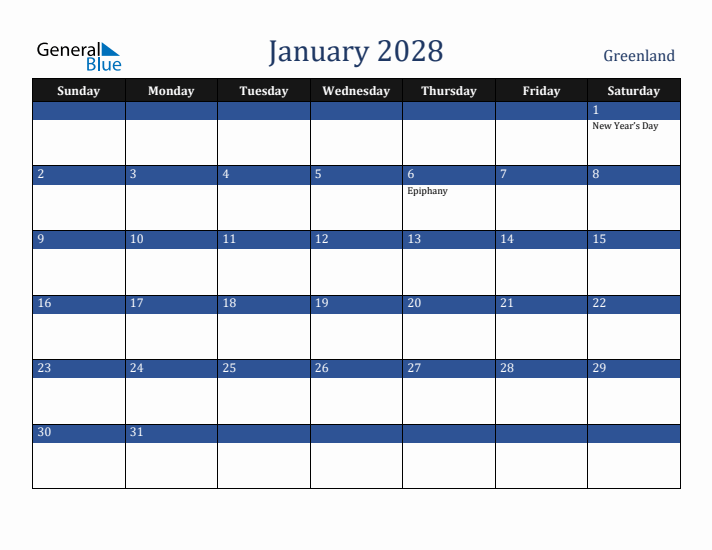 January 2028 Greenland Calendar (Sunday Start)