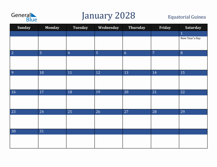 January 2028 Equatorial Guinea Calendar (Sunday Start)