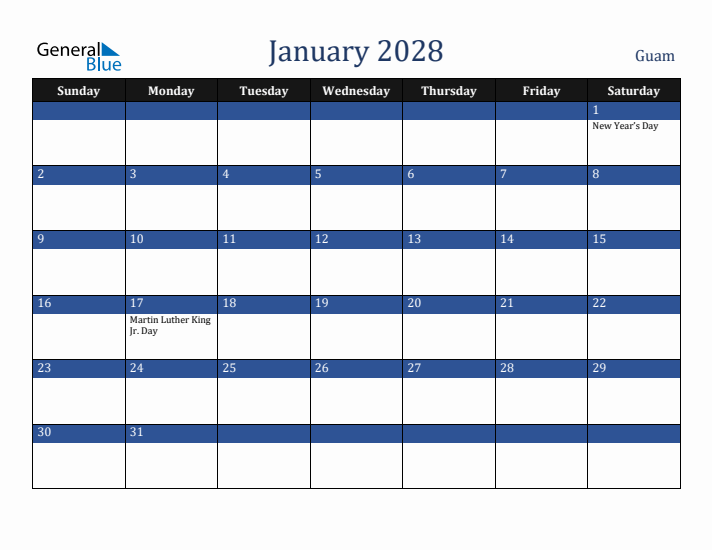 January 2028 Guam Calendar (Sunday Start)
