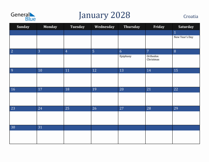 January 2028 Croatia Calendar (Sunday Start)