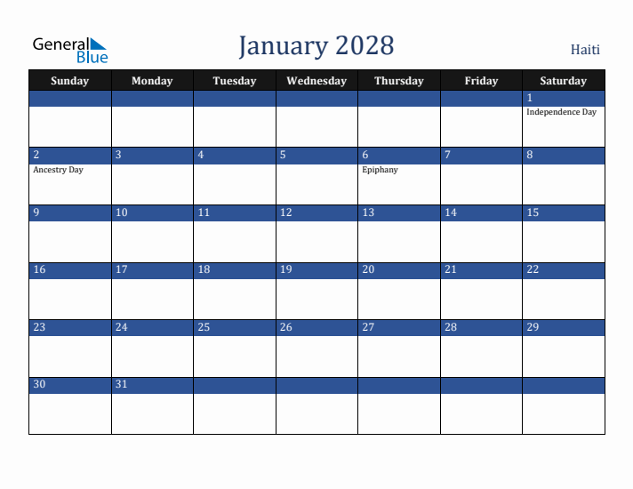 January 2028 Haiti Calendar (Sunday Start)