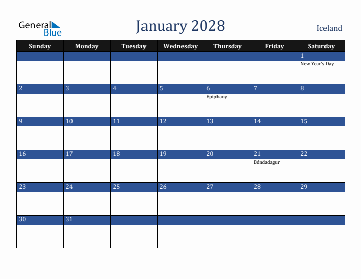 January 2028 Iceland Calendar (Sunday Start)