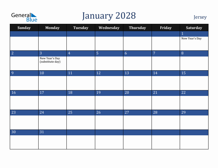 January 2028 Jersey Calendar (Sunday Start)