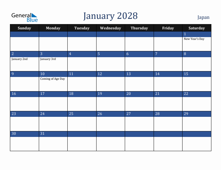 January 2028 Japan Calendar (Sunday Start)