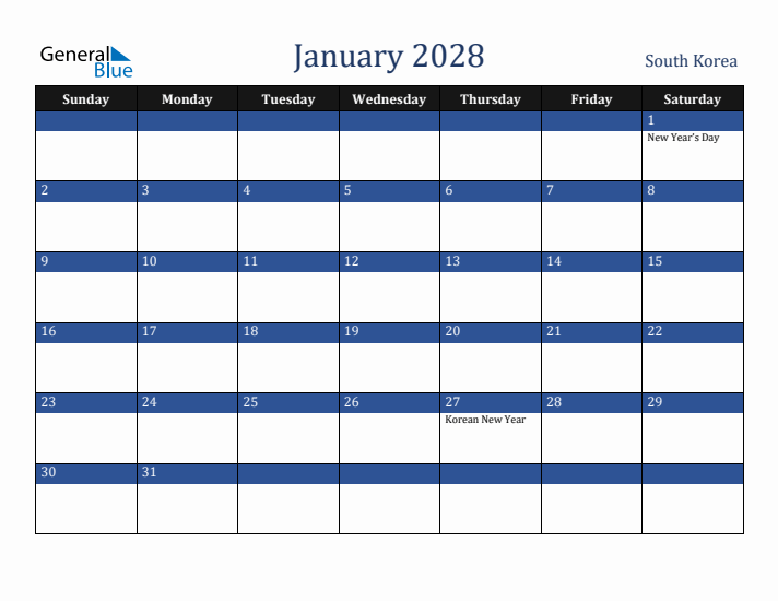 January 2028 South Korea Calendar (Sunday Start)