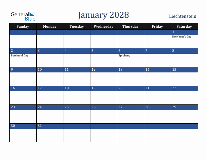 January 2028 Liechtenstein Calendar (Sunday Start)