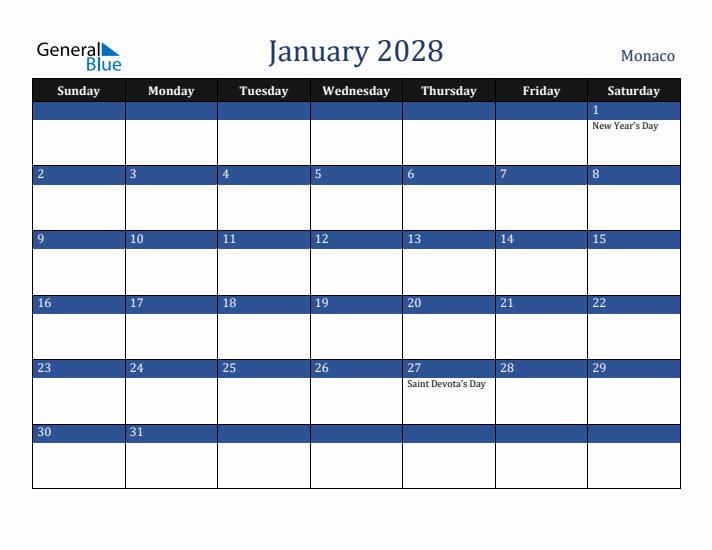 January 2028 Monaco Calendar (Sunday Start)