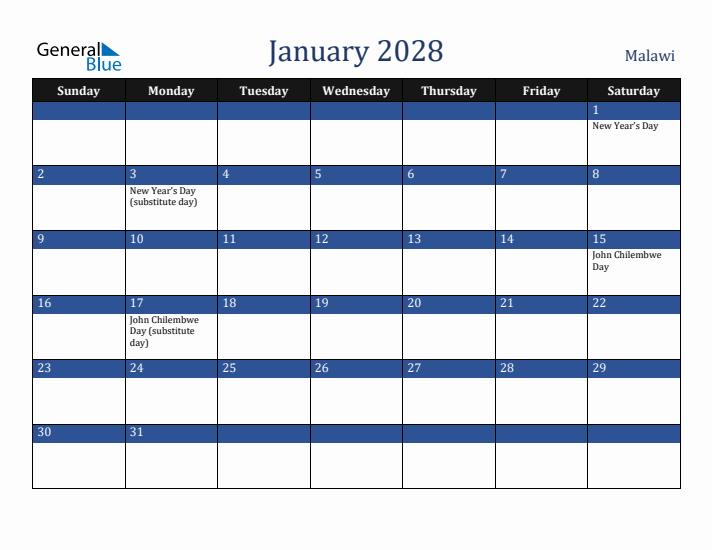 January 2028 Malawi Calendar (Sunday Start)
