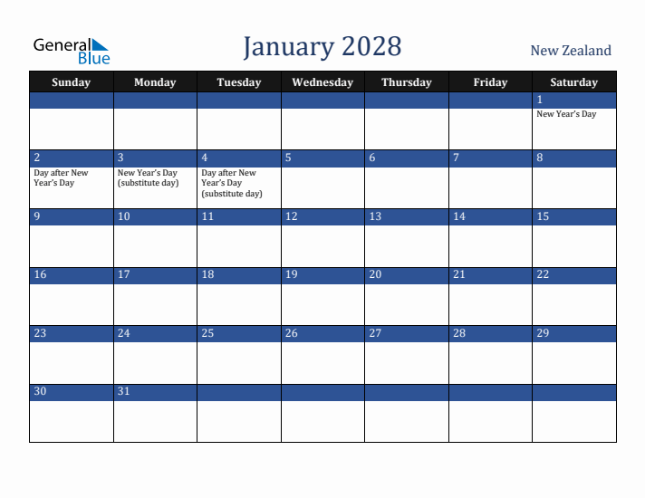 January 2028 New Zealand Calendar (Sunday Start)