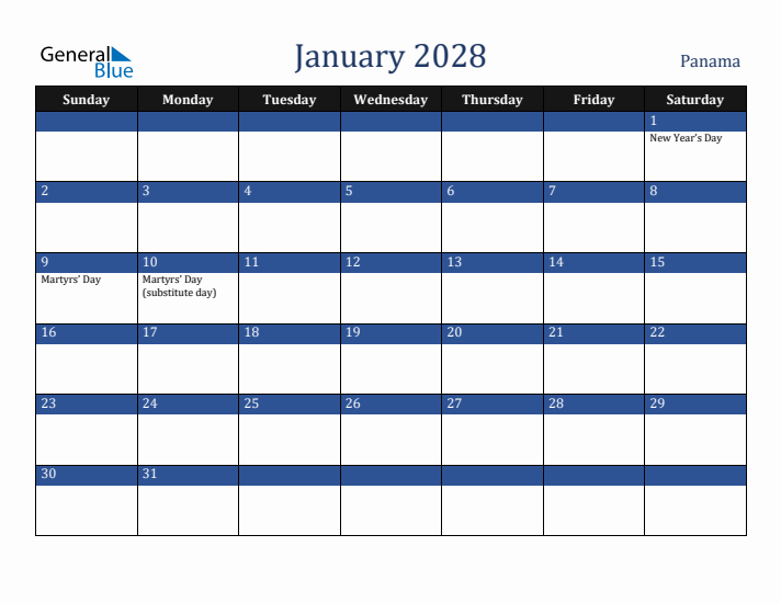 January 2028 Panama Calendar (Sunday Start)