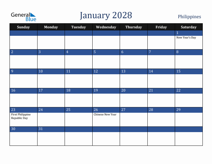 January 2028 Philippines Calendar (Sunday Start)