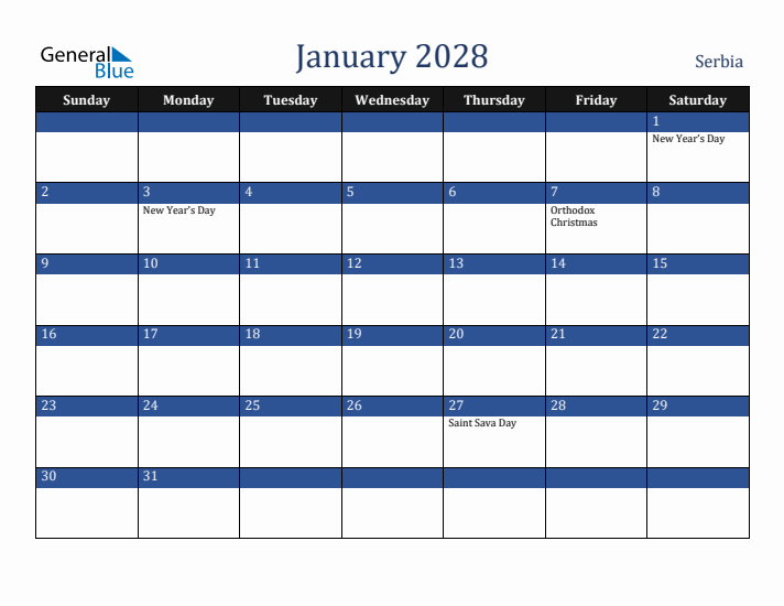 January 2028 Serbia Calendar (Sunday Start)