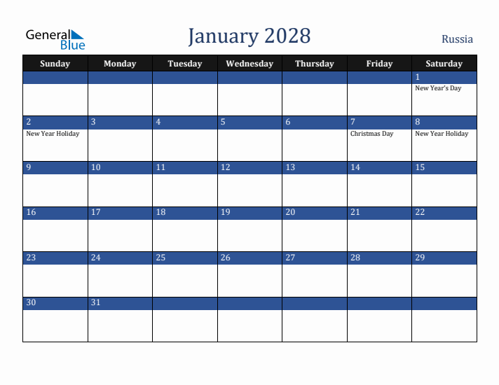 January 2028 Russia Calendar (Sunday Start)