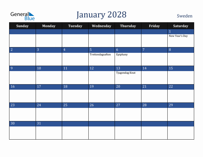 January 2028 Sweden Calendar (Sunday Start)