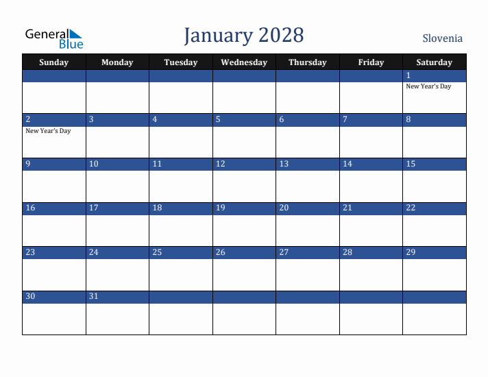 January 2028 Slovenia Calendar (Sunday Start)