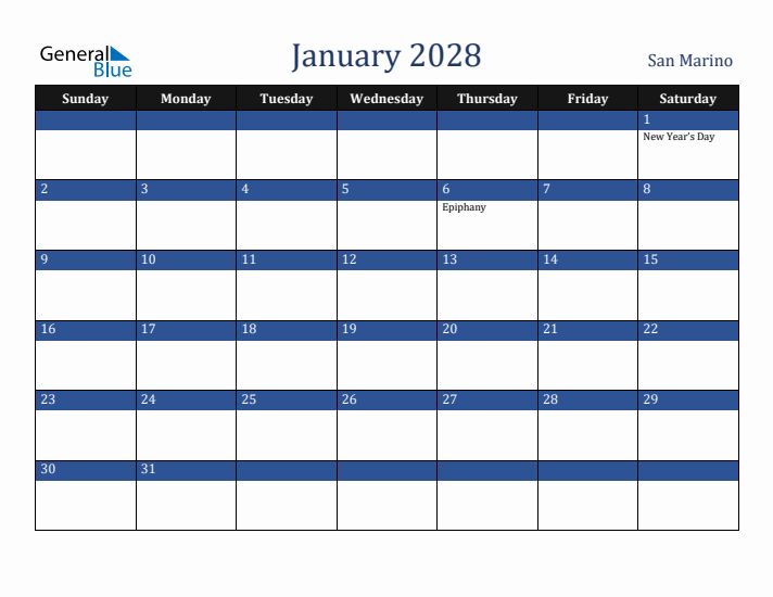 January 2028 San Marino Calendar (Sunday Start)