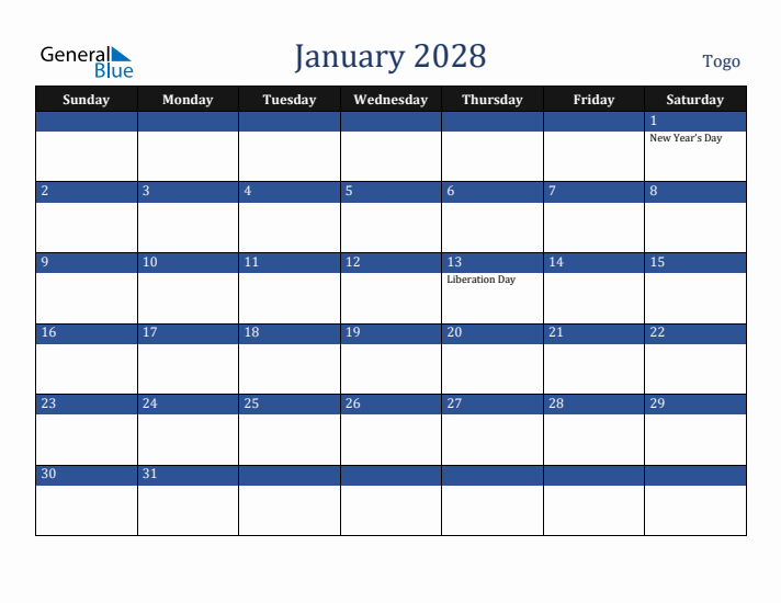 January 2028 Togo Calendar (Sunday Start)