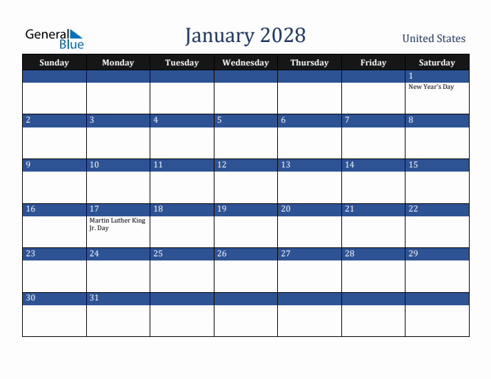 January 2028 United States Calendar (Sunday Start)