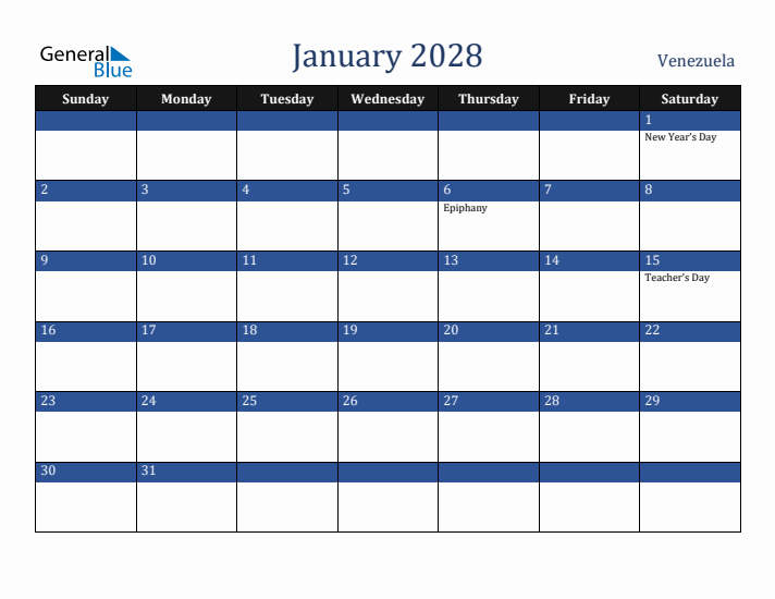 January 2028 Venezuela Calendar (Sunday Start)