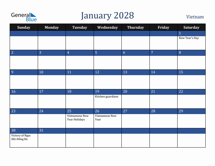 January 2028 Vietnam Calendar (Sunday Start)