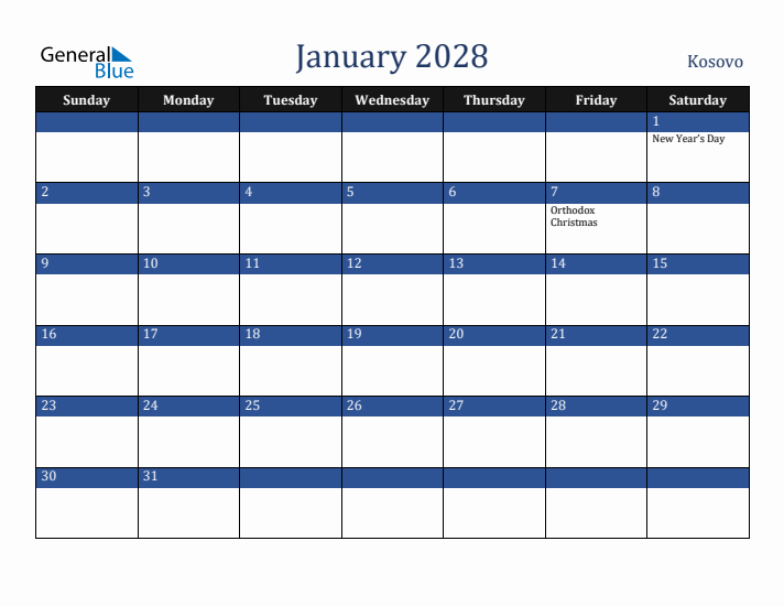 January 2028 Kosovo Calendar (Sunday Start)