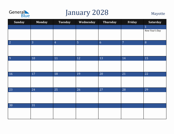 January 2028 Mayotte Calendar (Sunday Start)