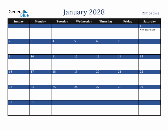 January 2028 Zimbabwe Calendar (Sunday Start)