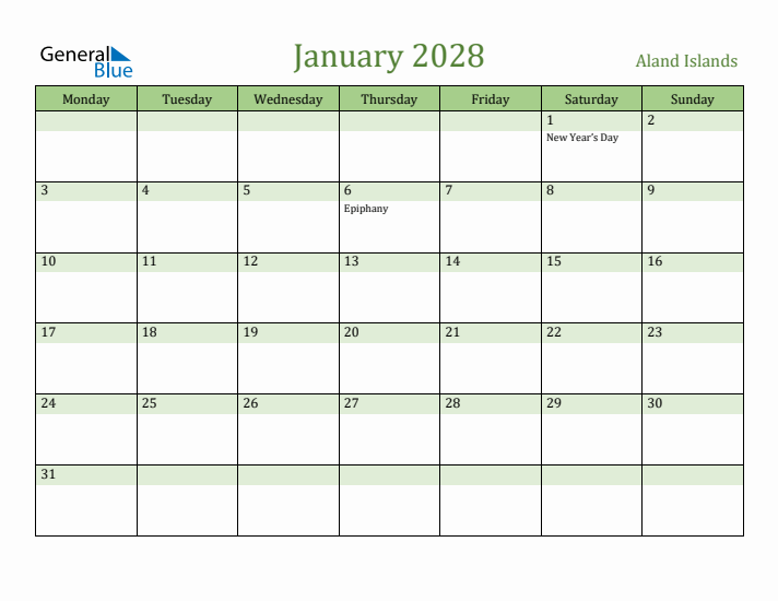 January 2028 Calendar with Aland Islands Holidays