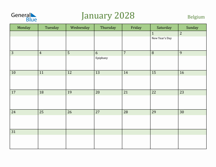 January 2028 Calendar with Belgium Holidays