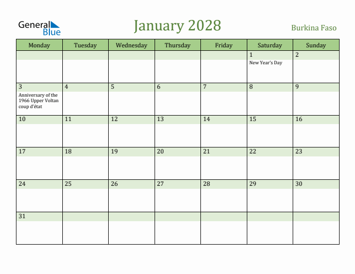 January 2028 Calendar with Burkina Faso Holidays