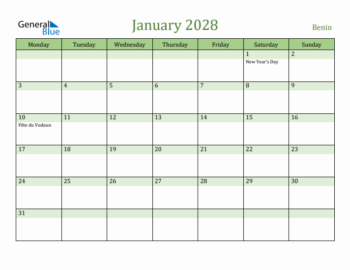 January 2028 Calendar with Benin Holidays