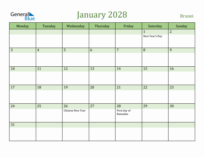 January 2028 Calendar with Brunei Holidays